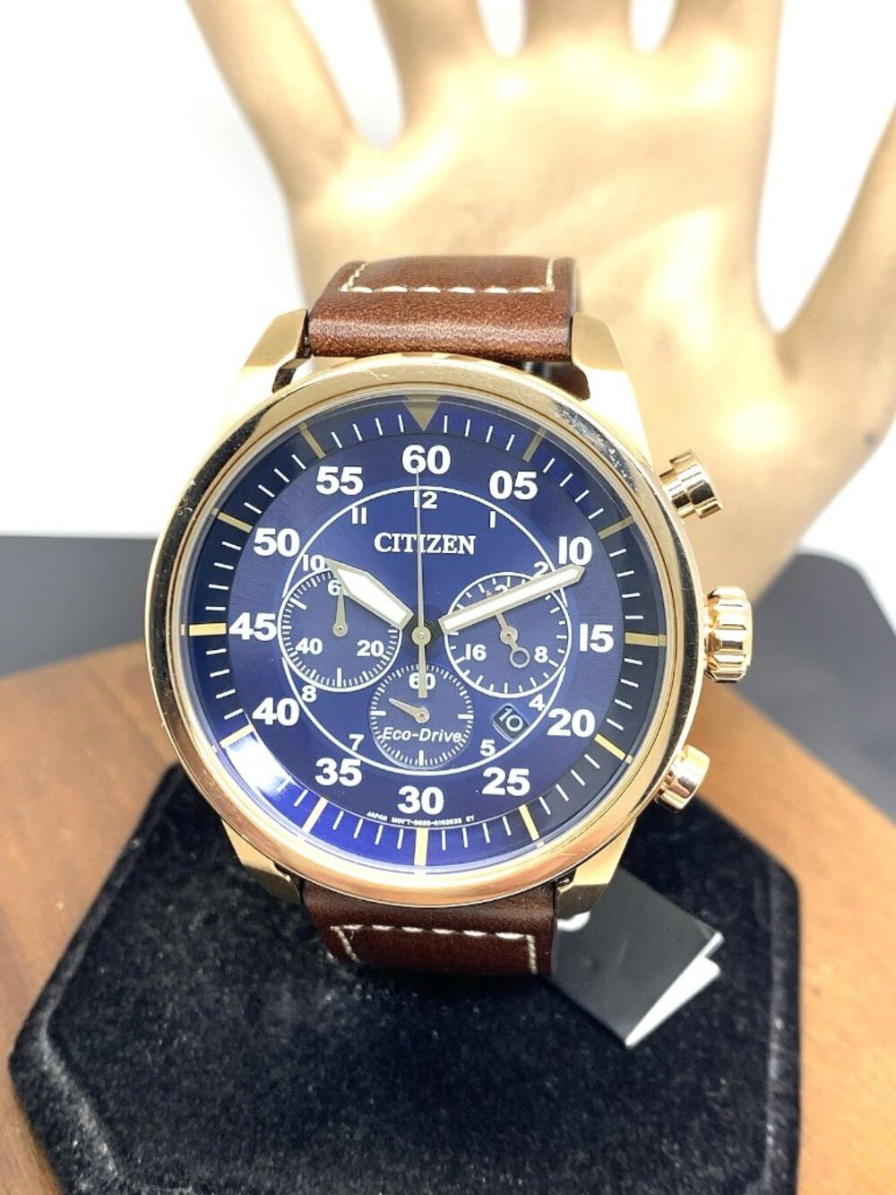 Citizen Men's Watch CA4213-18l Eco Drive Blue Dial Rose Gold Brown Leather Band
